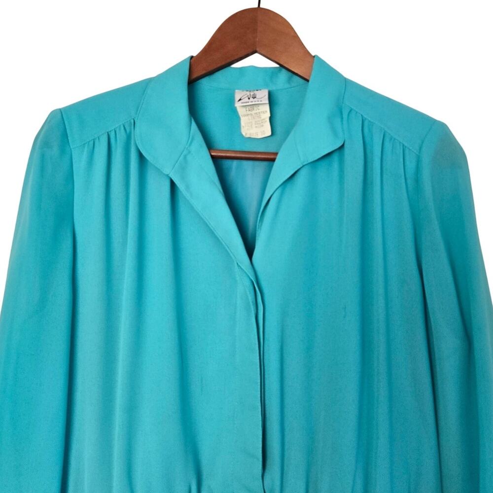 1980s Vintage Turquoise Chiffon Secretary Dress Sheer Bishop Sleeve USA Size 10 - Picture 4 of 10